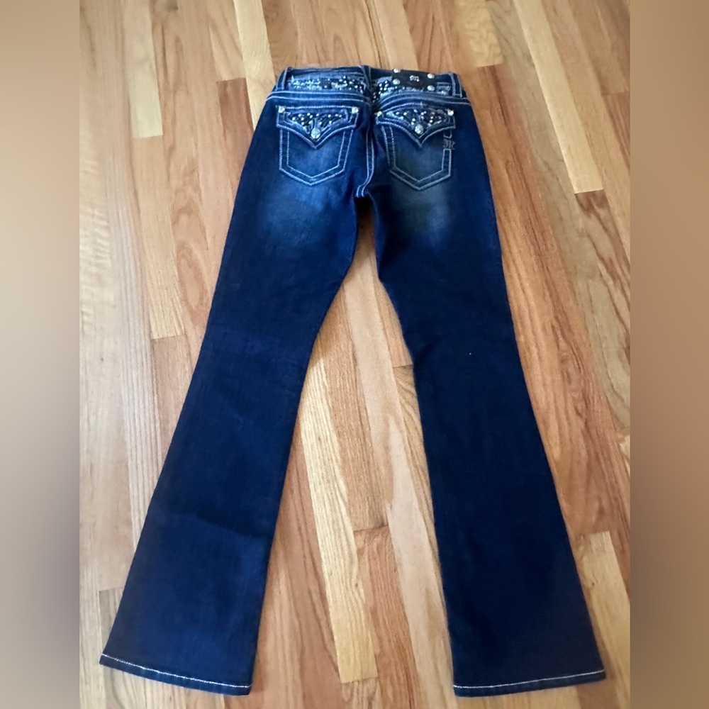 Miss Me Dark Blue Boot Cut Jeans with Embellished Pockets